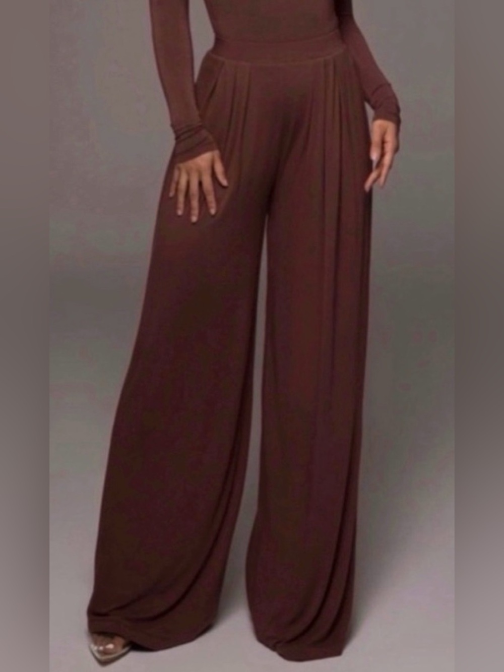Women’s Dark Brown Self-Double Layer Wide Leg Pants Medium
